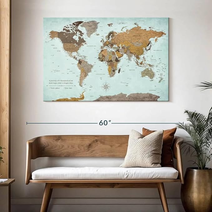 ElephantStock - A Thousand Miles World Push Pin Map Wall Art - Horizontal Canvas Wall Art - Living Room Wall Decor - Printmaking Map Canvas Art - Blue And Brown Decor - 48" x 32"