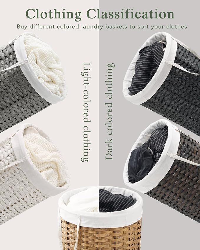 Large Laundry Hamper Laundry Basket Round 34.3 Gal (130 L) Handwoven Wicker Laundry Baskets Rattan Laundry Basket with Laundry Bag Handles 2 Mesh Bags for Living Room Bedroom Gray