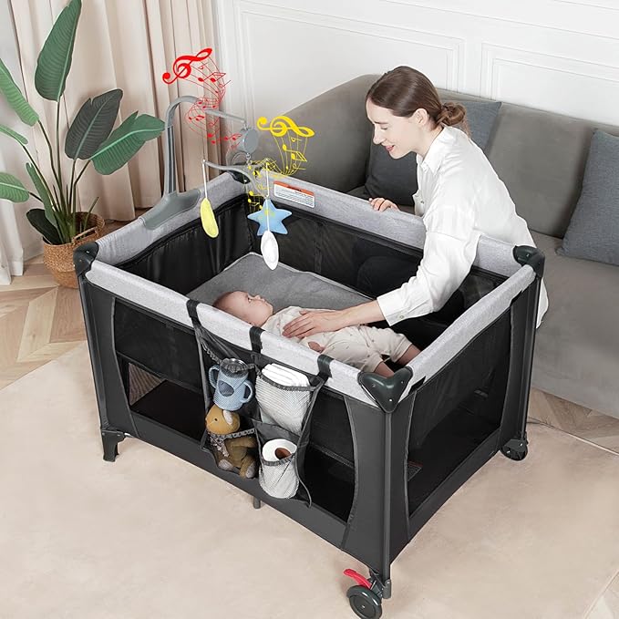 Pack and Play with Changing Table & Carry Bag, 4-in-1 Portable Crib Playpen for Newborn to Toddler, ASTM Certified Foldable Travel Crib with Bassinet(A-Black)