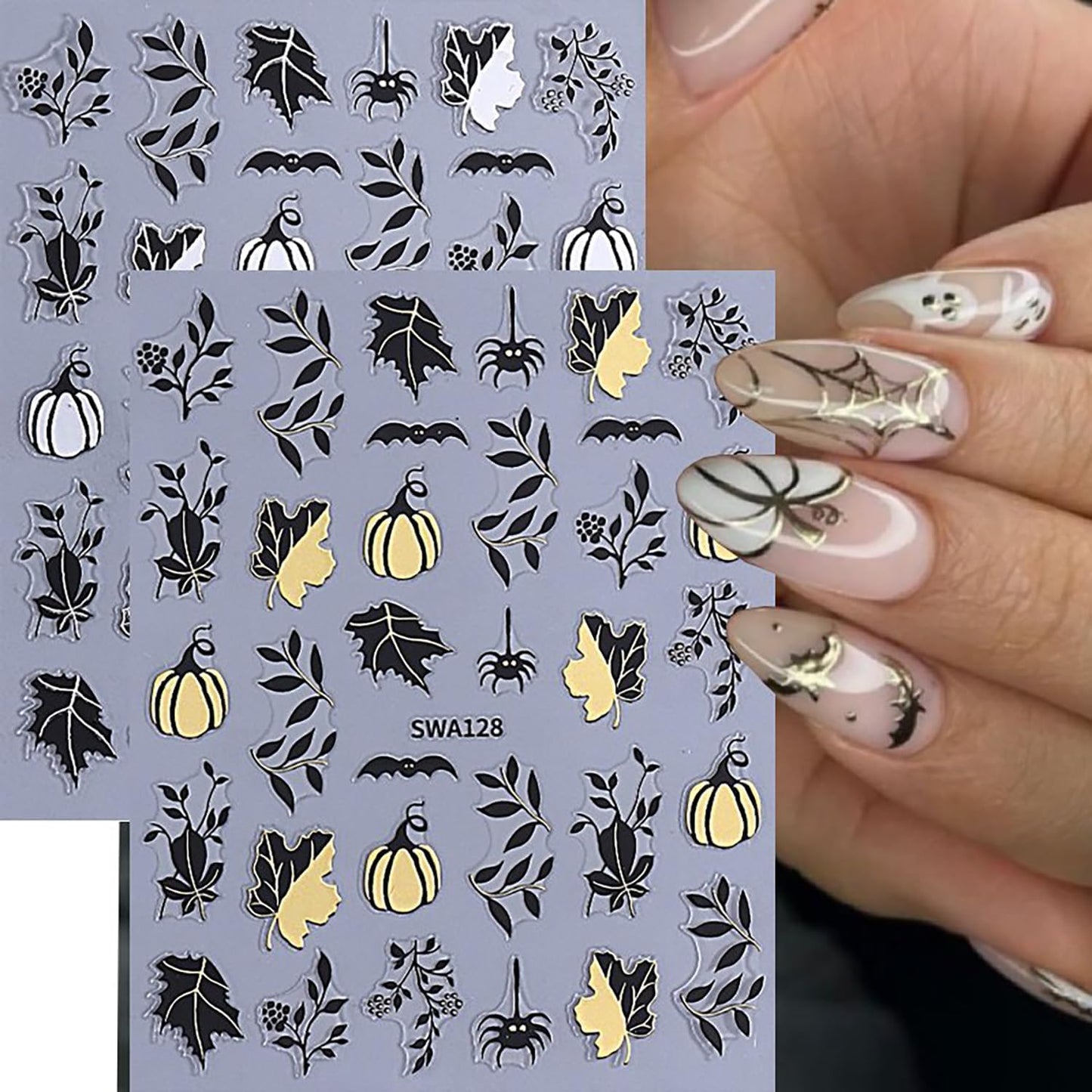 6 Sheets Halloween Nail Art Stickers 3D Self -Adhesive Pumpkin and Leaves Nail Decals Holographic Spider Bat Nail Stickers Halloween Nail Decoration for Women Manicure Supplies