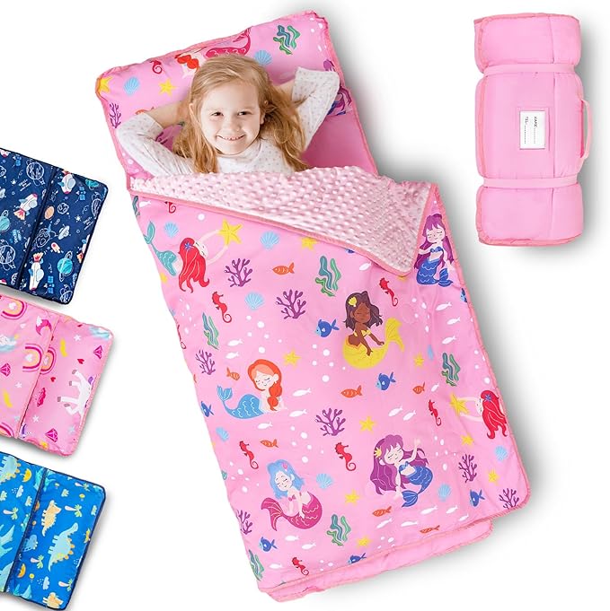 Primlect Toddler Nap Mat with Removable Pillow and Fleece Blanket, Extra Large 55''x35'' Sleeping Bag, Washable, Light, Easy to Roll up, Perfect for Daycare, Preschool, Kindergarten, Travel