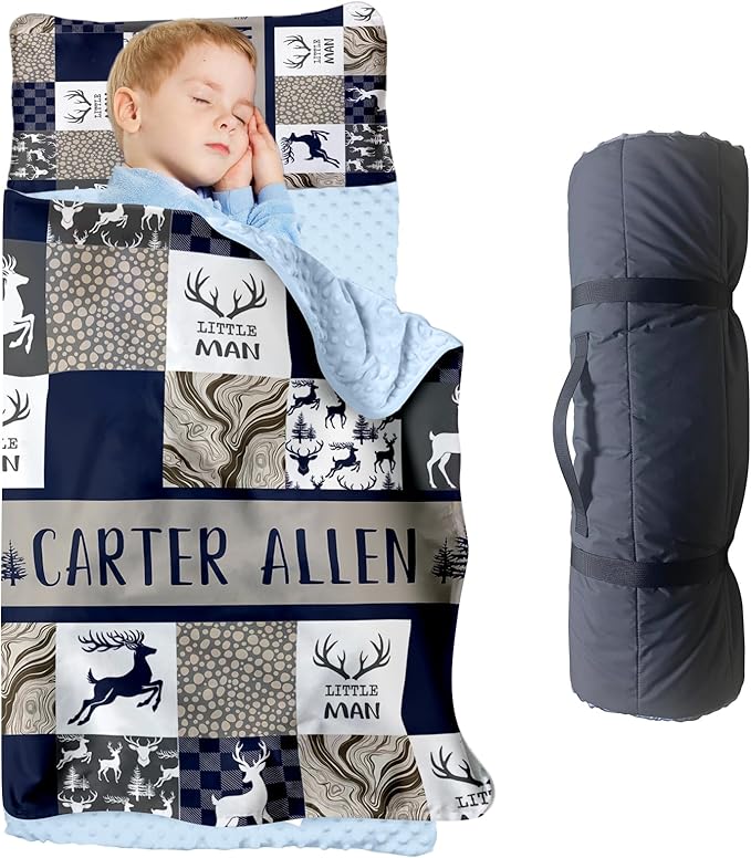 Personalized Toddler Nap Mats for Preschool, Custom Name Kids Sleeping Bag for Daycare, Roll Up Sleeping Mat with Removable Pillow and Soft Dot Minky Blanke for Boys Camping Travel