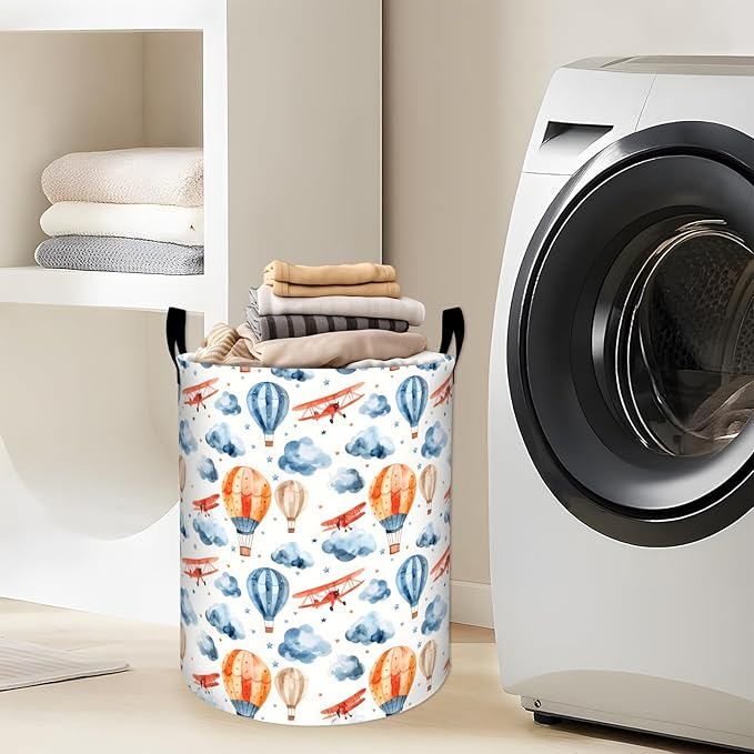 Whimsical Hot Air Balloon Laundry Basket with Handles, 19.7"x15.7" Clothes Foldable Airplane Cloud Scene Laundry Hamper Organizer for Dorm Nursery Bedroom Bathroom Decor, Toy Storage Bin for Kids