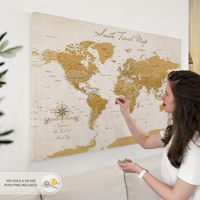 ElephantStock - Personalized Travel Push Pin World Map Wall Art - Horizontal Canvas Wall Art - Living Room Wall Decor - Digital Art Map Canvas Art - Orange And Beige Decor - 48" x 32"