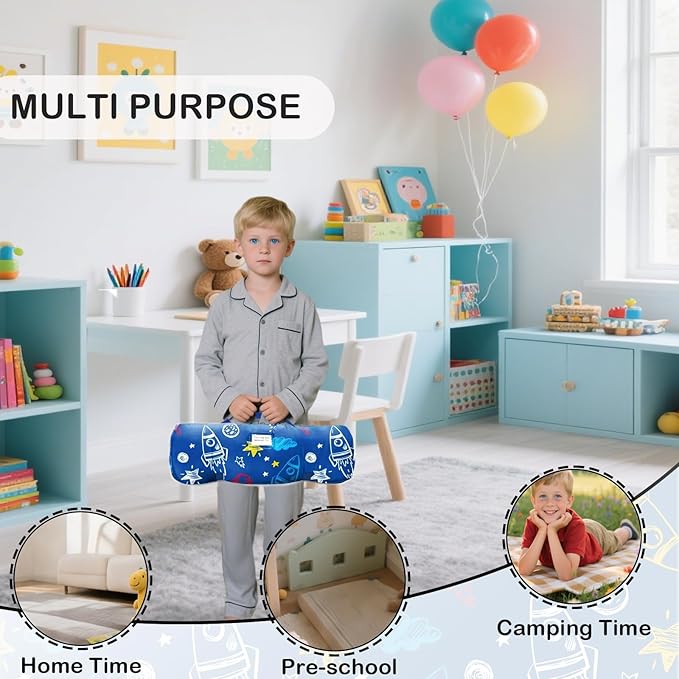 Toddler Nap Mat with Removable Pillow and Blanket, Cot Nap Mats for Daycare Preschool Kindergarten, Roll Up Lightweight Portable Travel Sleeping Bag, Blue Space