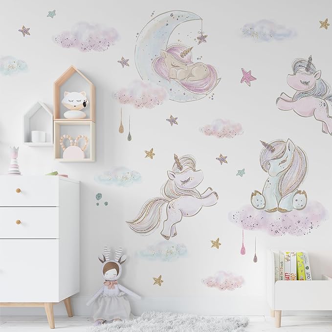 Unicorn Wall Decals by Lipastick - Vibrant Glitter Moon, Stars, Cloud Stickers for Girls Bedroom, Baby Nursery, Kids Room, Birthday Party Decor Art- Wall Stickers for Girls Room
