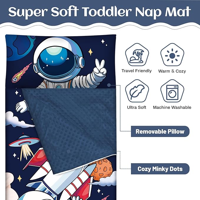 Toddler Nap Mat Kids Sleeping Bag 59‘’×24‘’, Soft Slumber Bag with Removable Pillow for Kids Girls Boys,Roll Up Sleeping Mat Lightweight for Camping,Daycare, Kindergarden