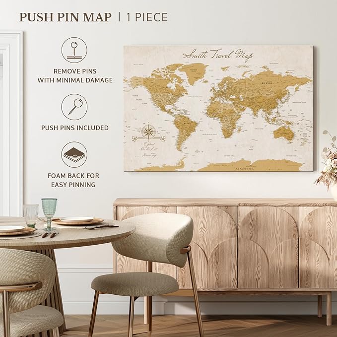 ElephantStock - Personalized Travel Push Pin World Map Wall Art - Horizontal Canvas Wall Art - Living Room Wall Decor - Digital Art Map Canvas Art - Orange And Beige Decor - 30" x 20"