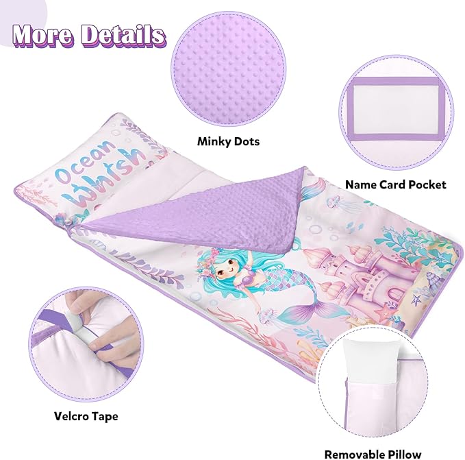 Toddler Nap Mat Kids Sleeping Bag 59"×24", Soft Slumber Bag with Removable Pillow and Blanket for Kids Girls Boys,Roll Up Sleeping Mat Thick for Camping,Daycare, Kindergarden