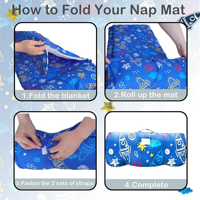 Toddler Nap Mat with Removable Pillow and Blanket, Cot Nap Mats for Daycare Preschool Kindergarten, Roll Up Lightweight Portable Travel Sleeping Bag, Blue Space