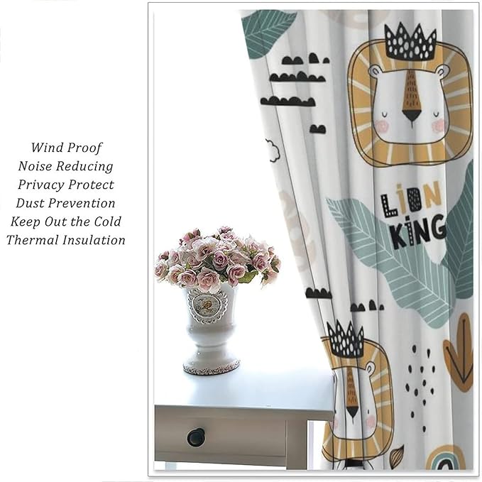 Cartoon Little Lion King Window Curtains for Baby Child,Cute Funny Forest Animals,Tropical Jungle Leaves Wildlife Boho Rainbow Print Blackout Drapes for Nursery Boys Girls Kids Bedroom 63x72in