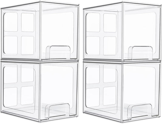 Vtopmart 4 Pack Stackable Storage Drawers, 6.6''Tall Acrylic Bathroom Makeup Organizers,Clear Plastic Drawers For Vanity, Undersink, Kitchen Cabinet,Pantry Organization and Storage