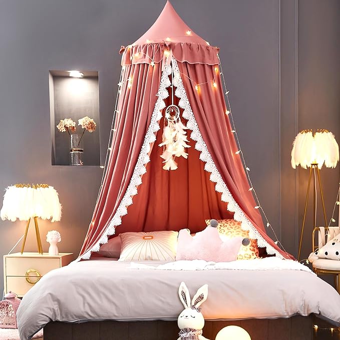 Kertnic Bed Canopy for Girls, Ruffled Soft Pink Princess Canopy Dreamy Bow Decor, Bed Canopies for Kids Room, Hanging Canopy Bedding Drapes Toddler Reading Nook Play Tent (Red Bean)