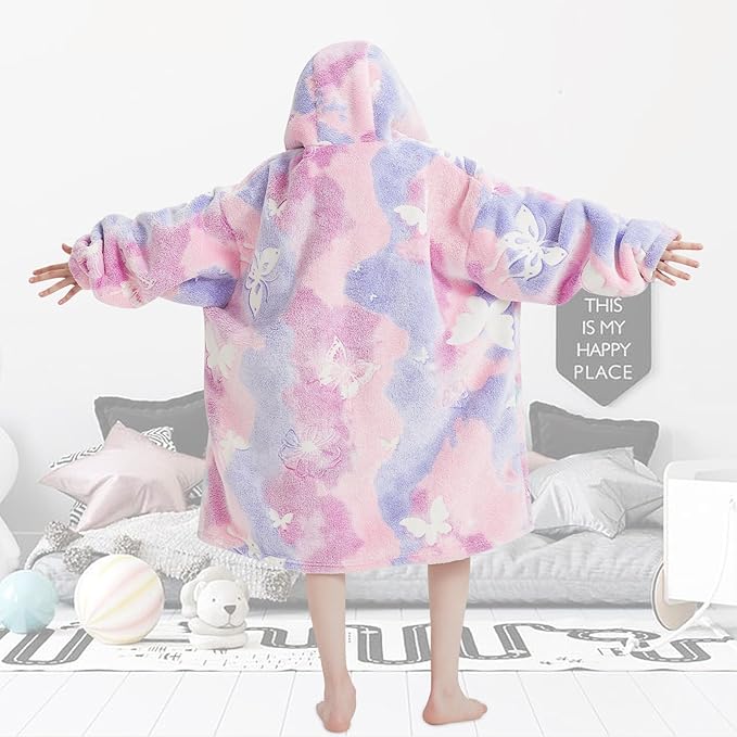 Fiosnow Glow in the Dark Butterfly Blanket Hoodies for Kids 6-13YR Oversize Wearable Blanket Hoodies for Boys Girls Teens