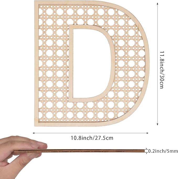 Large Boho Wooden Rattan Letters 12 inch for Nursery Decor Wood Letter D Wall Decors for Baby Girl Boy Bedroom Home Rustic Name Sign Birthday Wedding Decorative Letters