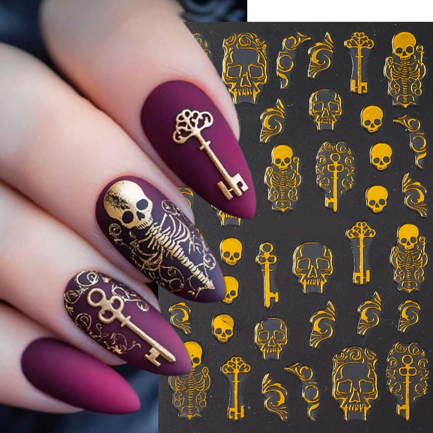 Spooky Halloween Art Nail Stickers Decals Gold Skull Nail Decals 6PCS 3D Self-Adhesive Glitter Spider Web Heart Skeleton Butterfly Design Supply Gothic Festive Stickers for Women DIY Nail Decorations