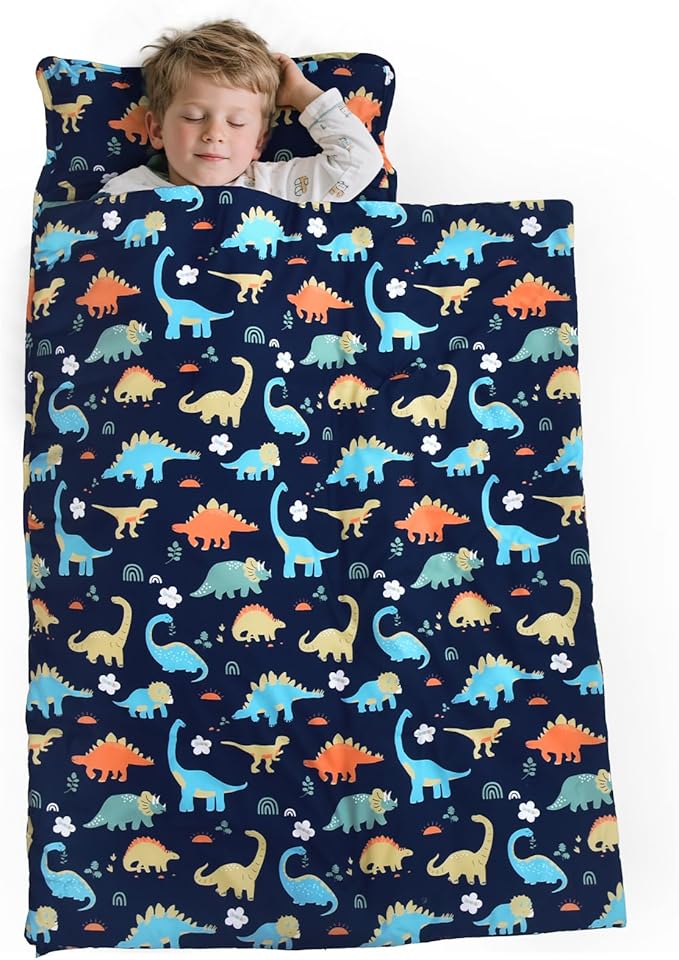 PHF Dinosaur Toddler Nap Mat Set, with Removable Pillow for Toddler Boys, Soft and Lightweight for Daycare, Preschool, Travel, Kindergarten Sleeping Bag, Fits Ages 3-6 Years, Dinosaur