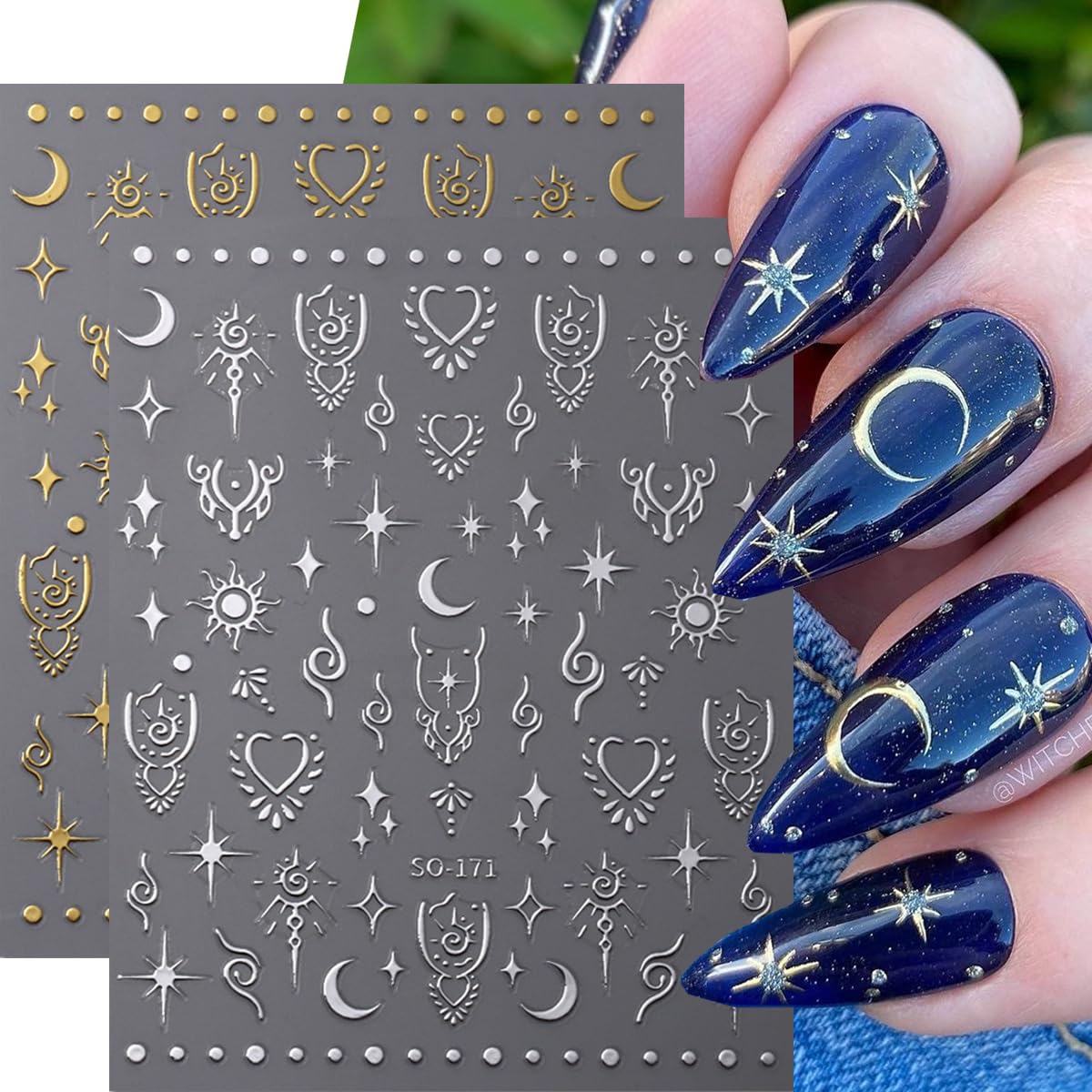 Moon Star Nail Stickers- 8Sheets Metallic Nail Art Stickers 3D Self-Adhesive Shiny Laser Stars Nail Supplies Gold Silver Nail Designs Stickers Sun Stars Moon Nail Decals for Women DIY Nail Decorations