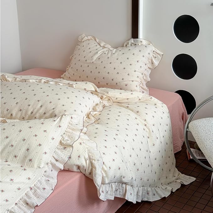 BuLuTu Muslin Cotton Duvet Cover Full Elegant Ruffles Duvet Covers Soft Breathable Comforter Cover Kids Adults Bedding Floral Quilted Cover, 79"x90", No Pillow/Pillow Cases