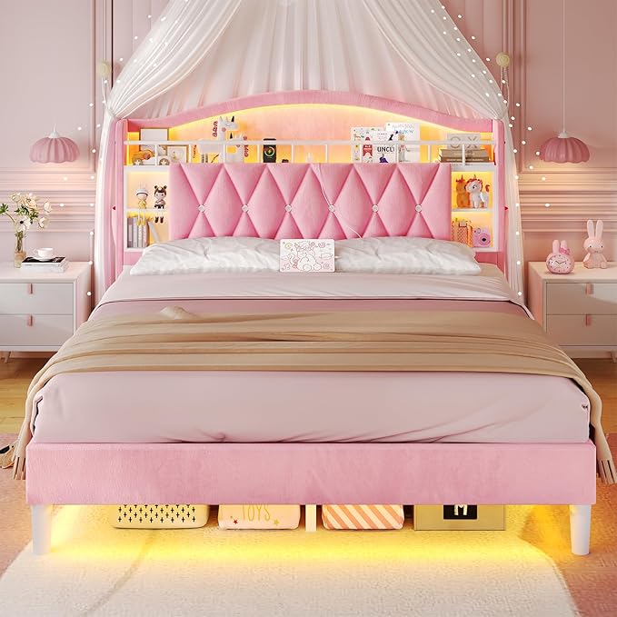 ADORNEVE Queen Bed Frame with LED Lights, Princess Velvet Upholstered Platform Bed for Girls, Headboard with Charging Station & Guardrail & Crystal Button, No Box Spring Needed, Pink