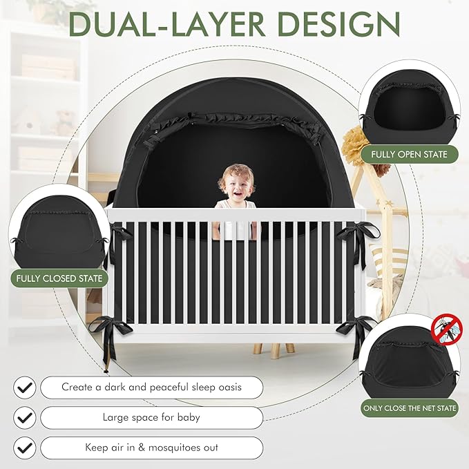 Crib Blackout Tent for Pack N Play, Pop Up Travel Crib Blackout Cover Canopy, Breathable Baby Sleep Pod with Safe Bottom Design, Blocks 70% Light