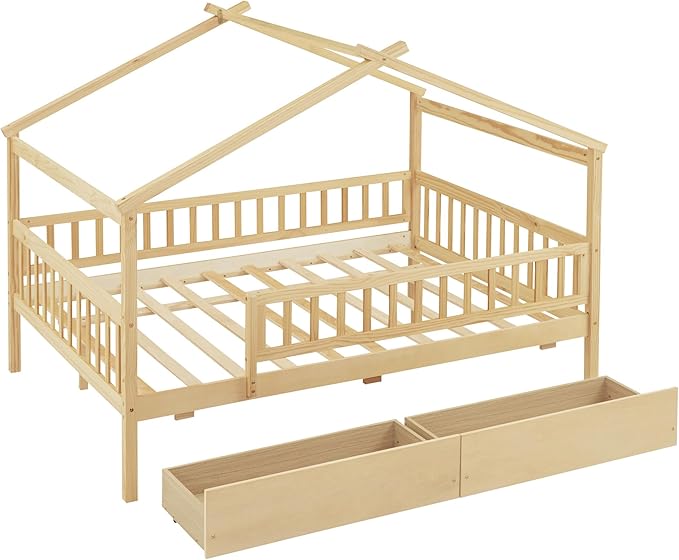 Full House Bed with 2 Storage Drawers, Kids Full Bed Frame with Rails and Roof, Tent Bed, Wooden Full Daybed, Full Montessori Bed for Kids Teens Girls & Boys, No Box Spring Needed (Natural)