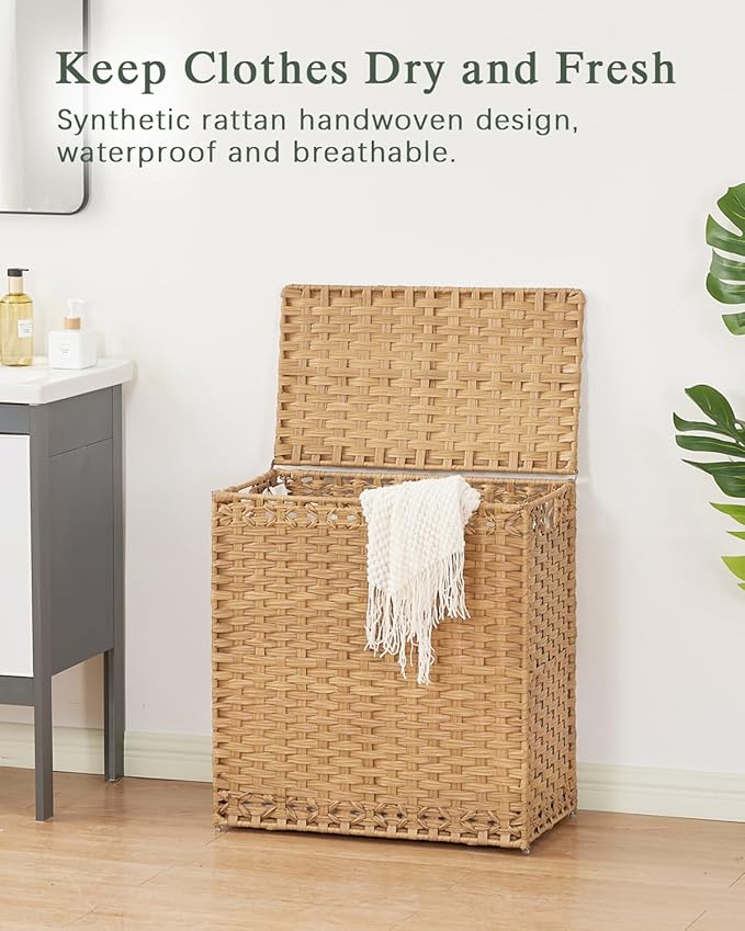 Laundry Hamper with Lid Wicker Laundry Basket 112 L (29.6 Gal) Laundry Hampers Handwoven Rattan Clothes Hamper with Handles 3 Removable Liner Bag, 6 Mesh Bags for Bathroom Bedroom Natural