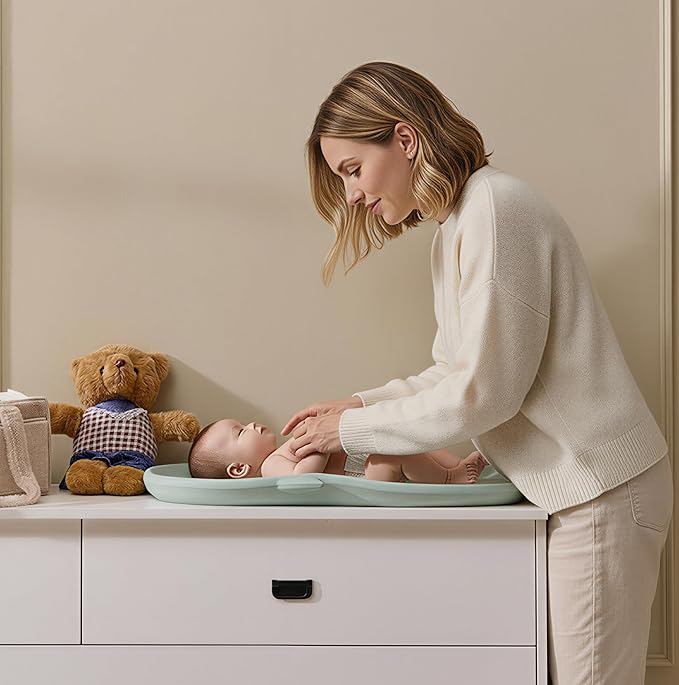 Luxury Little Portable EVA Baby Changing Pad Waterproof Changing Pad for Diaper Changes,Dressing,Baby Massage & Moisturizer Application,Soft & Non-Slip, Adjustable Safety Belt, Penguin Design,Green