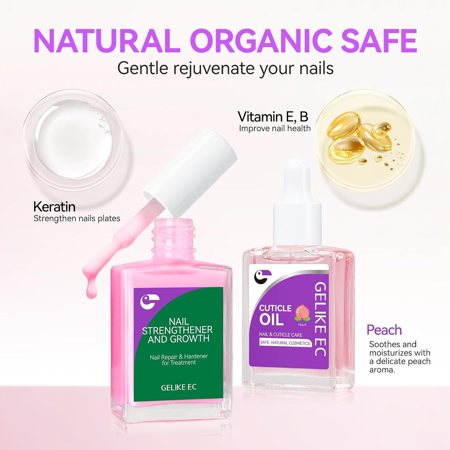 Gelike EC Nail Care Gift Set: Pink Fingernail Strengthener & Peach Cuticle Oil 15ml - Cute & Fruity Manicure Set for Thin Peeling Nails - Women Mom Girlfriend Teens Girls Favorite