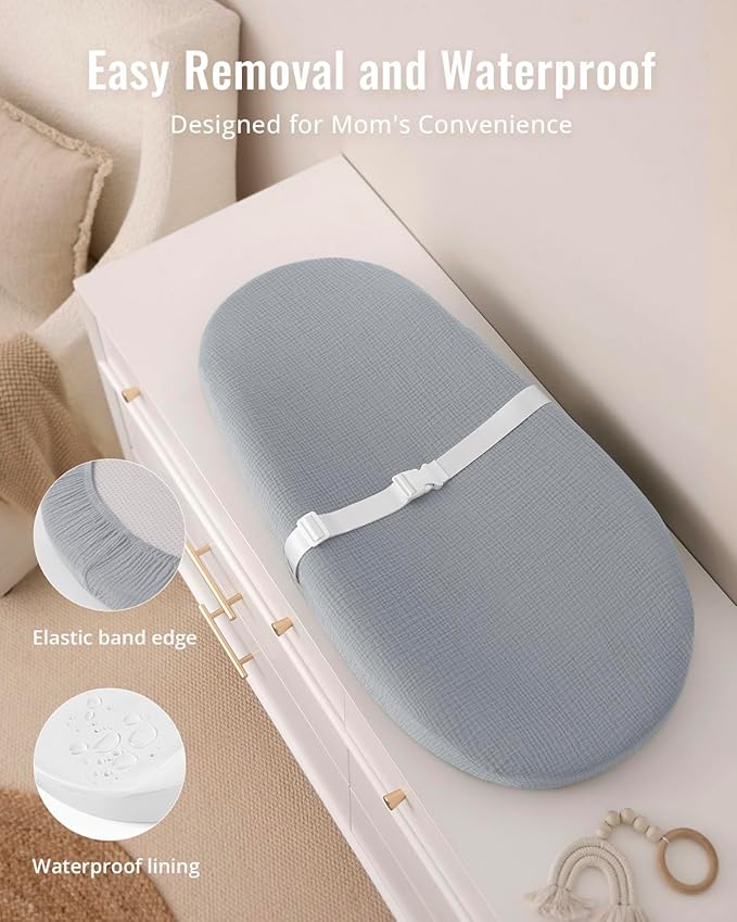 Blissful Diary Muslin Baby Changing Pad with Waterproof Lining Foam, Diaper Changing Table Pad with Cover for Dressers (Gray, Avocado)