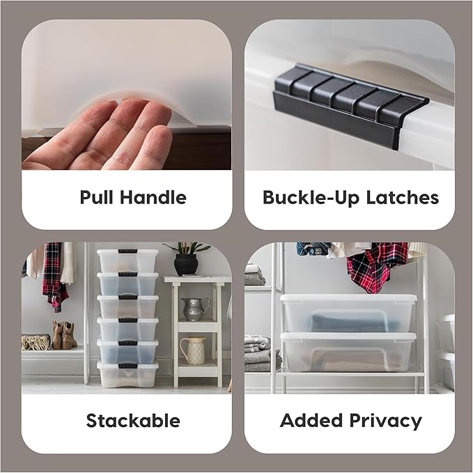 IRIS USA 27 Qt Stackable Plastic Storage Bins with Lids, 6 Pack - BPA-Free, Made in USA - Discreet Organizing Solution, Latches, Durable Nestable Containers, Secure Pull Handle - Pearl