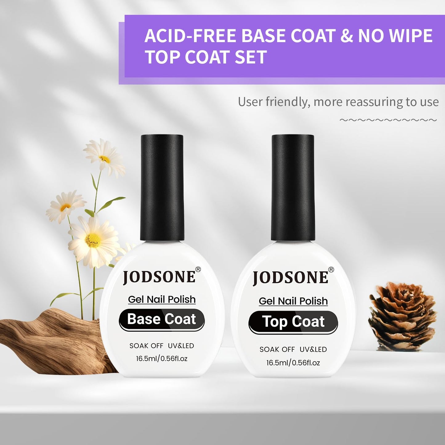 JODSONE 2Pcs 16.5ml Top Coat Base Coat Gel Polish Set No Wipe Clear Long Lasting Need U V Lamp Cured at Home DIY Nail Salon Girl Gift
