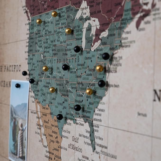 Canvas World Map with Cork Pin Board - English Lettering - Decorative Wall Decoration for All Rooms - Canvas Pictures with World Map Motif (120x80 cm, Pattern 12)