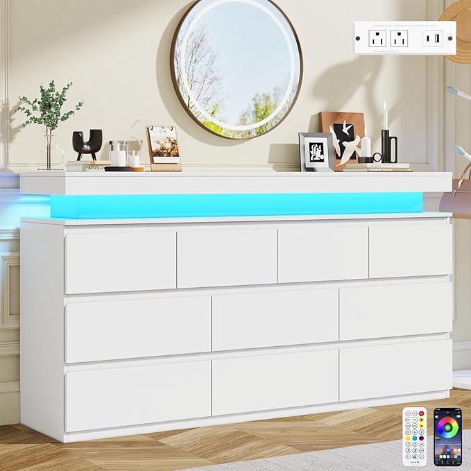 10 Drawer Dresser for Bedroom, 63“ Wide 34” Tall Drawer Organizer Cabinet with LED Light and Charge Station, Modern Chest of Drawers for Closet, Living Room, Entryway, Hallway (White, 10 Drawers)