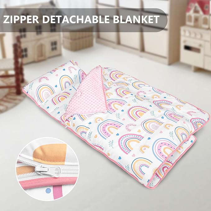 Primlect Toddler Nap Mat Extra Large Thickened 55''x35'', Soft Sleeping Bag with Detachable Minky Blanket and Pillow, Portable for Daycare, Preschool, Kindergarten, Travel, Boys and Girls