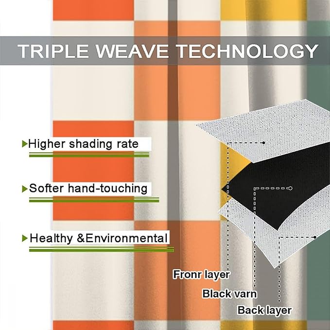 70s Retro Curtains,Cute Green Pink Yellow Checkered Hippie Window Treatments for Kids Girl Bedroom Window 63"" W X 63"" L, Style-7