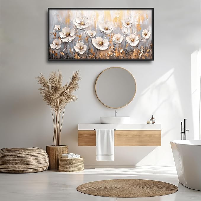 Olivine Flower Large Wall Art, White Floral Pictures Wall Decor, Retro Flowers Paintings Canvas Prints, Framed Artwork for Dining Room Bedroom Living Room Office Bathroom Home Decoration 60"x30"