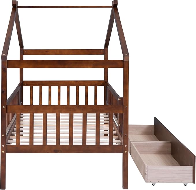 Twin House Bed with 2 Storage Drawers, Kids Twin Bed Frame with Rails and Roof, Tent Bed, Wooden Twin Daybed, Twin Montessori Bed for Kids Teens Girls & Boys, No Box Spring Needed (Walnut)