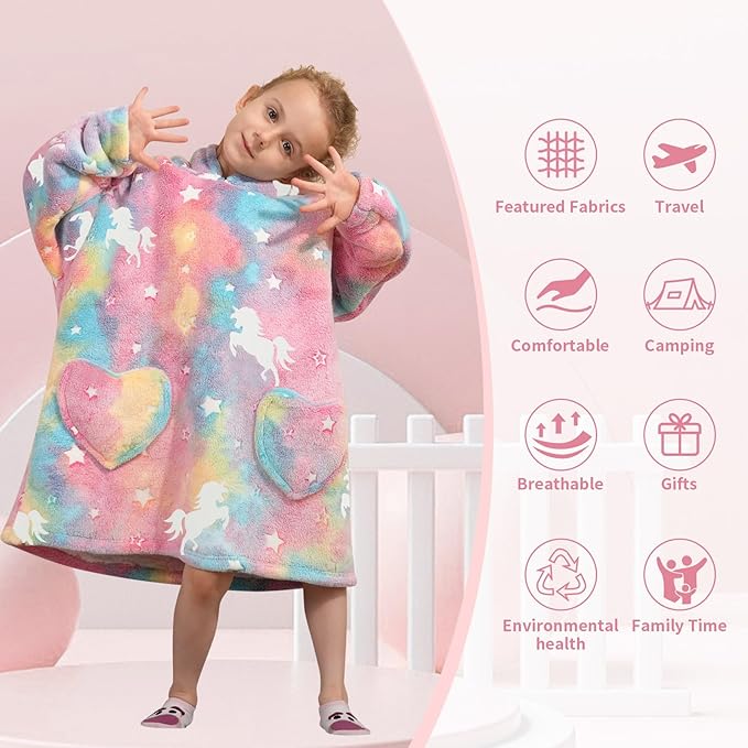 Fiosnow Glow in the Dark Horse Blanket Hoodies for Kids Toddler 2-6YR Oversize Wearable Blanket Hoodies for Boys Girls