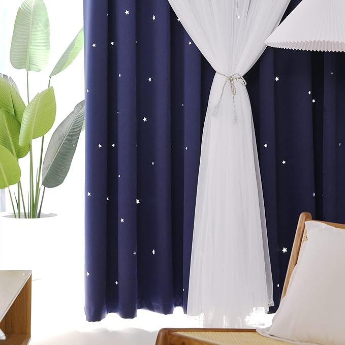 Kinryb Kids Star Cutout Curtains for Bedroom/Living Room/Classroom,2 Free Tiebacks Sheer Overlay 2 Panel Set, Double Layer Curtains for Kids Room(Each Piece W70 x L95 Inches 2 Pcs Navy Blue)