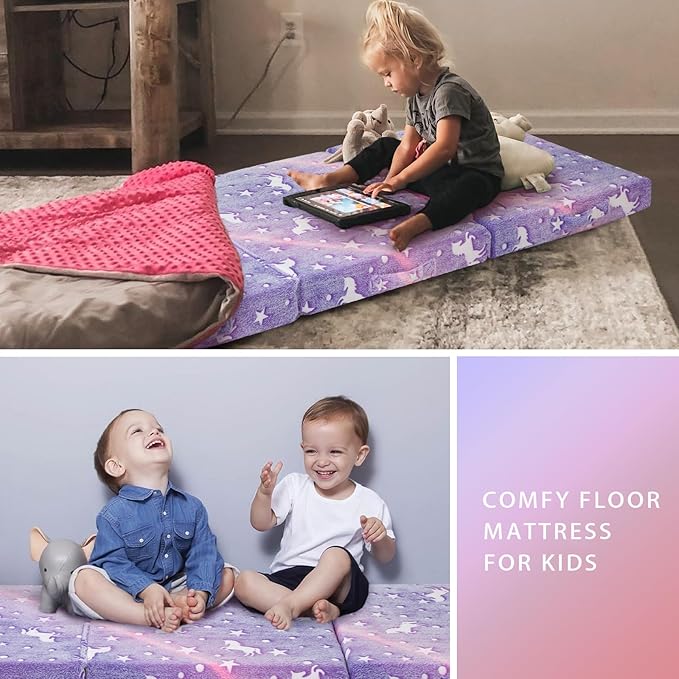MeMoreCool Foldable Floor Mattress for Kids, Glow Unicorn Toddlers Trifold Nap Mat, Kids Folding Mattress Portable Sleeping Futon for Daycare or Floor Bed, 57x22 Inch Purple