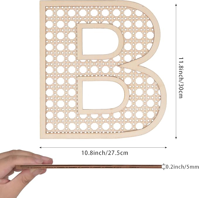 Large Boho Wooden Rattan Letters 12 inch for Nursery Decor Wood Letter B Wall Decors for Baby Girl Boy Bedroom Home Rustic Name Sign Birthday Wedding Decorative Letters