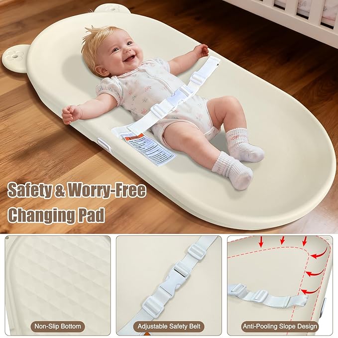 Baby Changing Pad, EVA Waterproof Non-Slip Changing Table Pad with Adjustable Strap for Dresser Changing Table Nursery, Portable Diaper Changing Pad, Oat