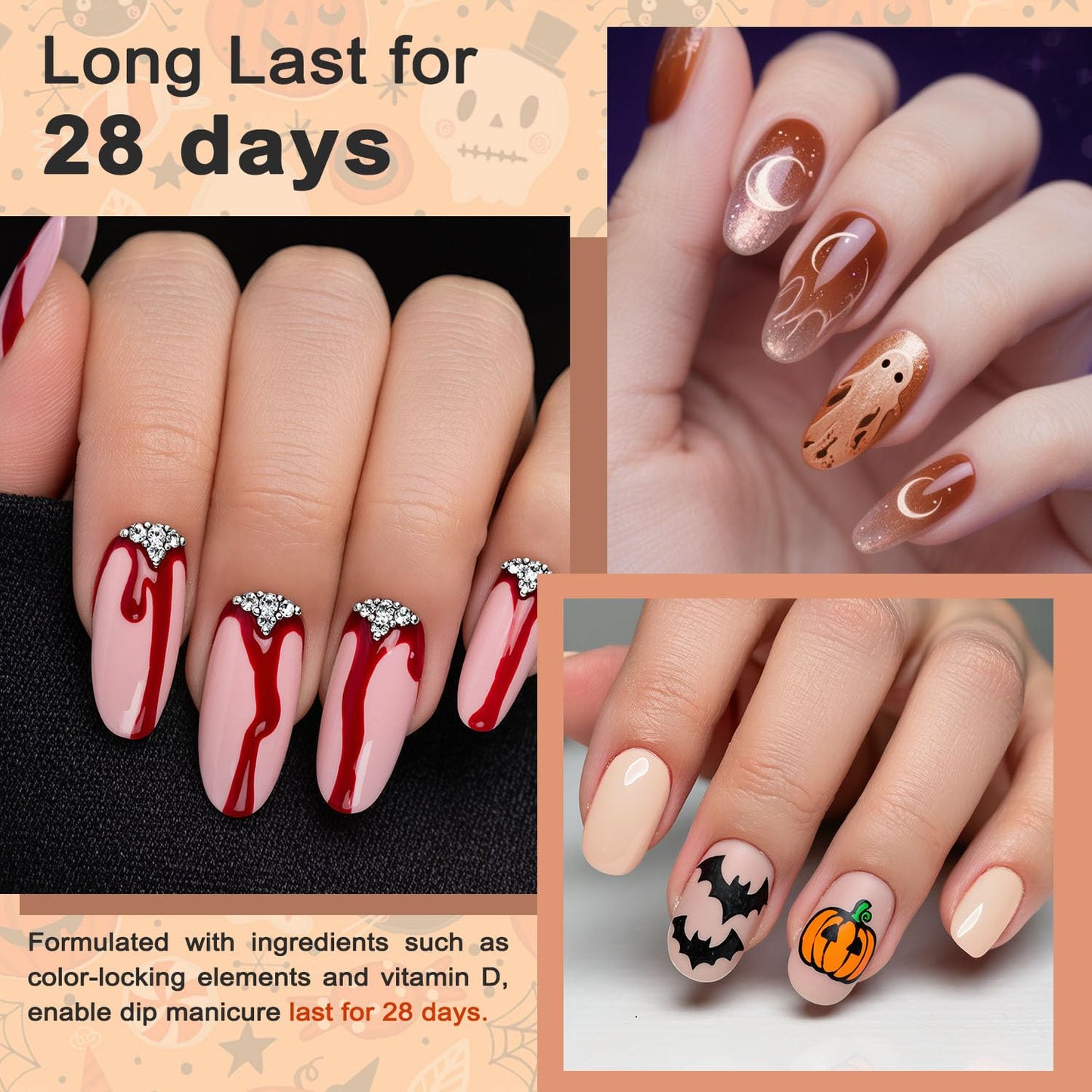 LAVENDER VIOLETS 22Pcs Dip Powder Nail Kit Starter - 16 Colors Halloween Glitter Powder Dipping Liquid Set with Base & Top Coat Activator for Dips Manicure M9601