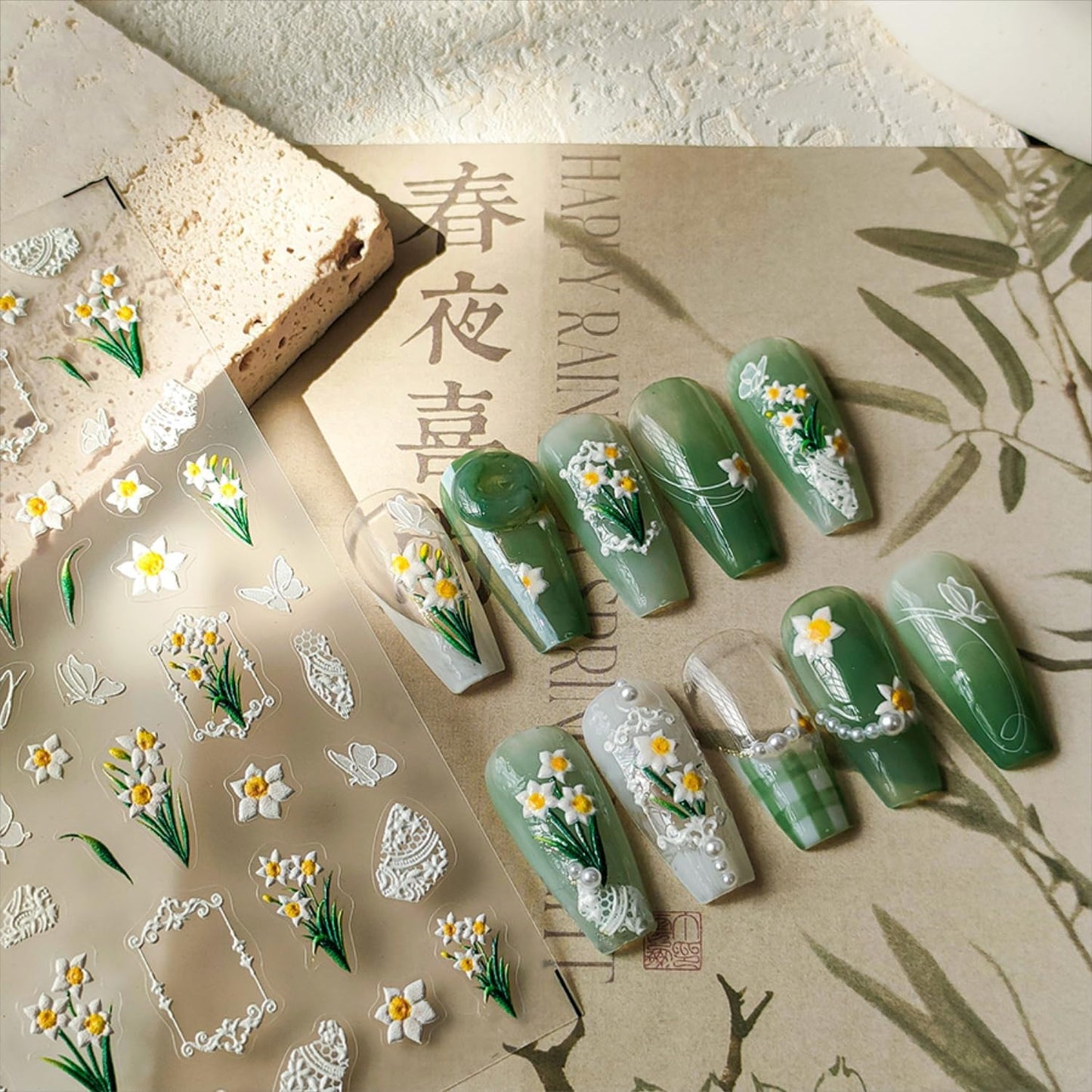White Flower Nail Art Stickers Decals 5D Self Adhesive Spring Summer Nail Stickers for Nail Art Butterfly Floral Nail Decals for Women Girls