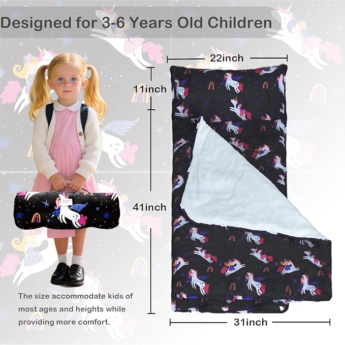 Toddler Nap Mat with Removable Pillow and Blanket, Cot Nap Mats for Daycare Preschool Kindergarten, Roll Up Lightweight Portable Travel Sleeping Bag, Black