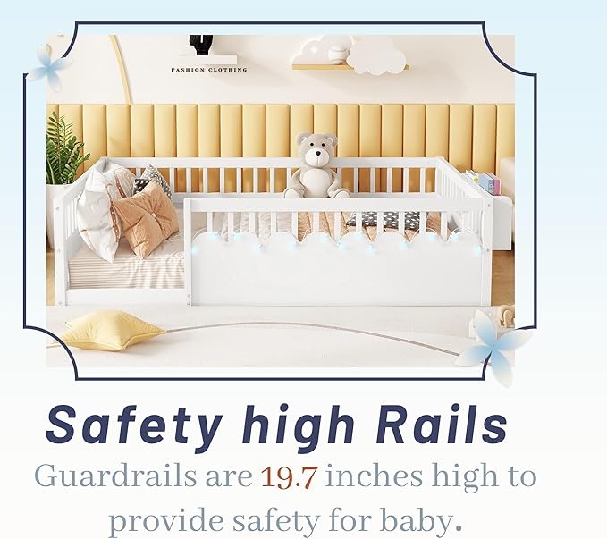 Full Size Floor Bed for Kids, Wood Montessori Floor Bed Full with High Rails & Storage Shelf, Baby Floor Beds with LED Light for Boys & Girls, White