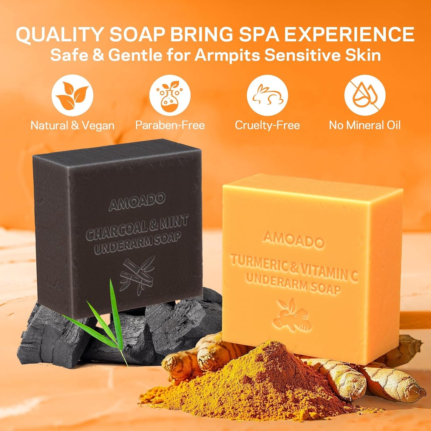 Armpit Detox Soap Set, Underarm Brightening Deodorant Soaps for Dark Armpit Remover, Eliminate Odor, Natural Turmeric Bar with VC, Charcoal Soap with Mint - included Sisal Mesh Bag