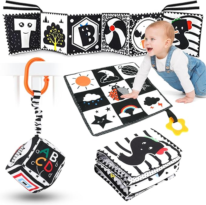 3 Pcs High Contrast Baby Toys for Newborns, 0-3 Months, 0-6 & 6-12 Months Soft Infant Toys - Montessori Learning Activities for Babies, Boys & Girls Gifts