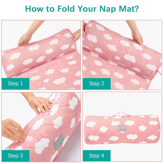Biloban Toddler Nap Mat with Pillow and Blanket, Cot Nap Mats for Standard Daycare Preschool, Portable Sleeping Bag for Kids, Super Soft Cozy, Pink Cloud, 52" x 23"